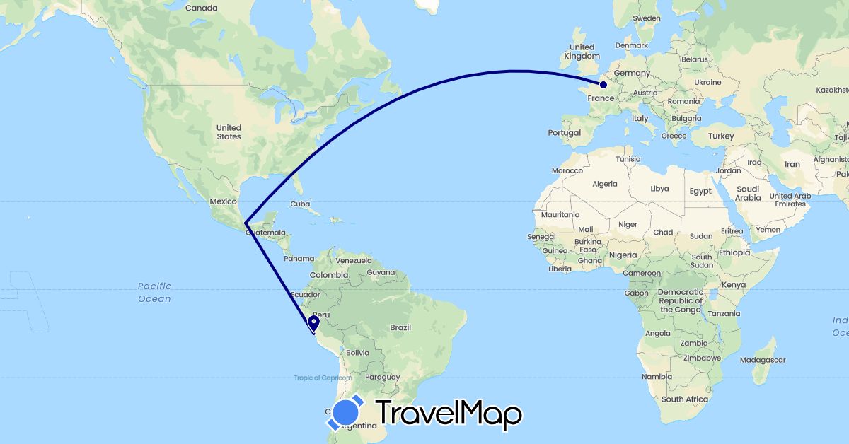 TravelMap itinerary: driving in France, Mexico, Peru (Europe, North America, South America)